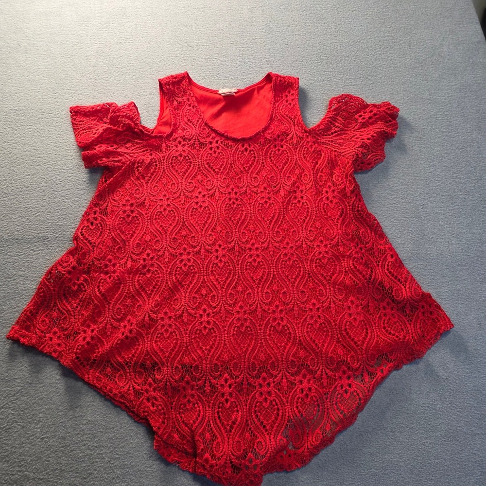Cold Shoulder Lace Top Womens XL Red Crochet Blouse Bellamy Black